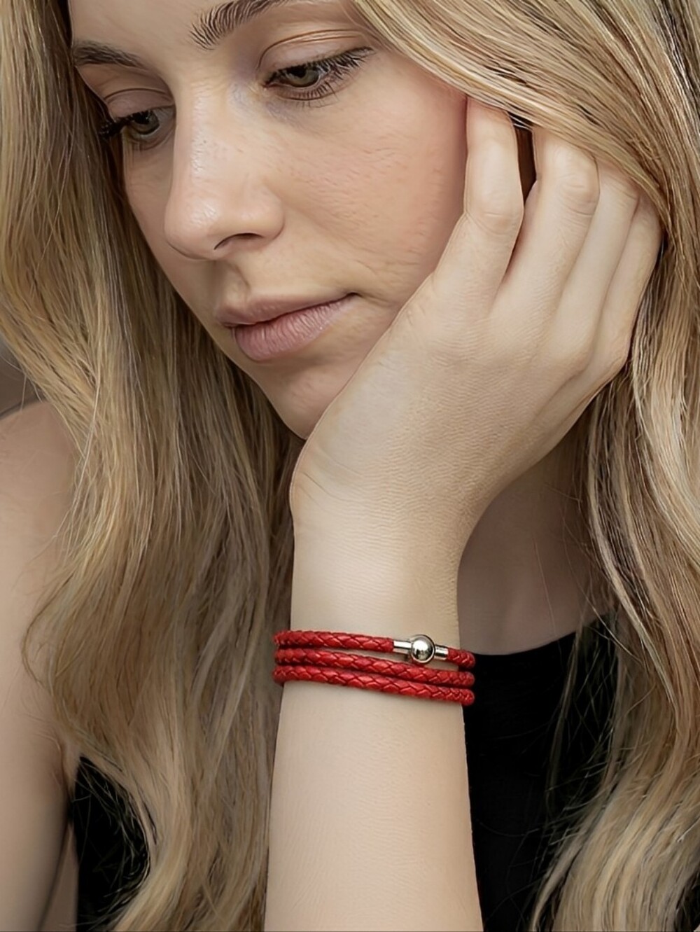 Linx Triple Red Leather Braided Cord Bracelet with Magnetic Clasp